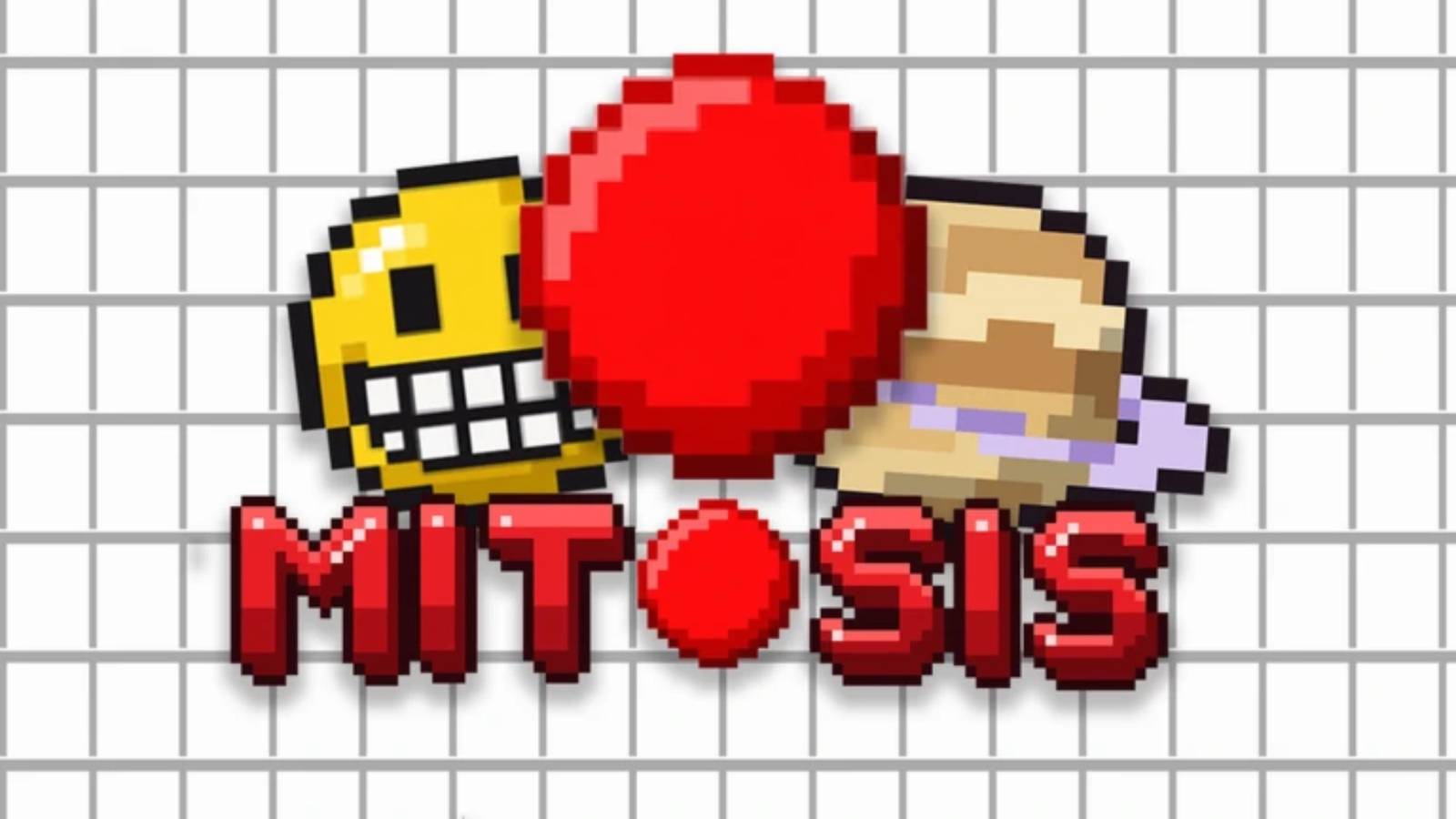Pixel-art key art for Mitosis showing a grinning yellow cell, a red cell and a striped cell beside the MITOSIS logo on a tiled background